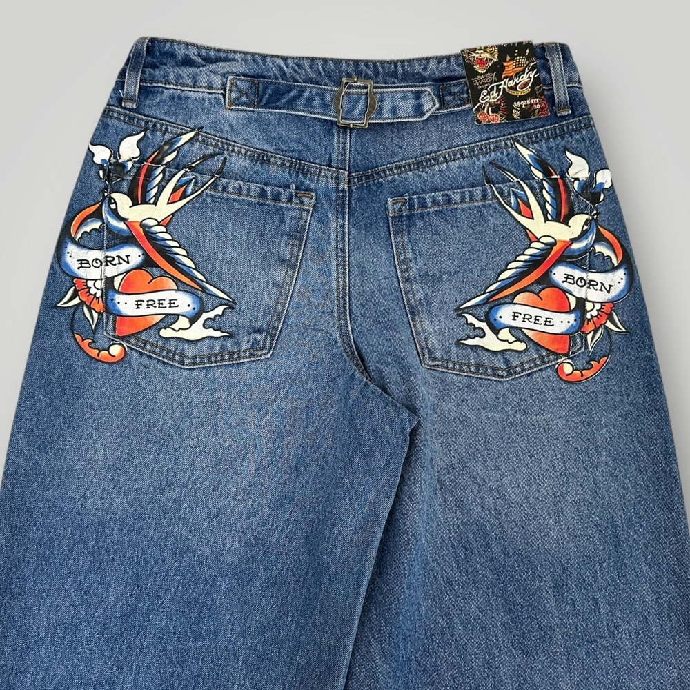 NEW Ed Hardy Jeans‎ Womens 28 Blue Wide Leg Born Free Tattoo Logo Graphic Denim
